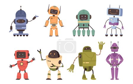 Téléchargez les photos : Personnage robot humanoïde ou androïde avec expression faciale souriante et mains ondulantes. Ensemble de personnages de fiction vectoriels isolés pour le jeu, assistants et assistants IA, aide à l'intelligence artificielle - en image libre de droit