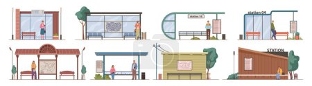 Illustration for Public transport stations and bus stops exterior with people and passengers. Vector isolated set of sheltered place with bench and seats to sit and wait for vehicle for commuting and traveling - Royalty Free Image