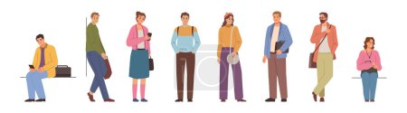 Illustration for Men and women personages waiting, standing or sitting in line. Vector isolated characters looking at smartphone screens, looking aside. Fashionable male and female passengers, crowd of people - Royalty Free Image