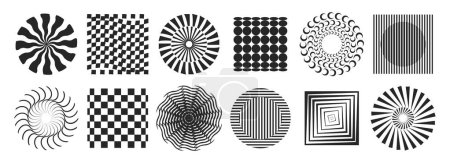 Illustration for Motion effect and texture visual illusion and optical figures. Vector isolated geometric forms of square and circle. Swirling hypnotic monochrome uncolored wheels with rays and waves set - Royalty Free Image