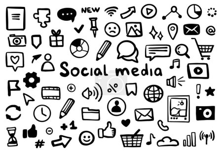 Illustration for Monochrome social media doodles and isolated icons. Vector flat cartoon, call, and internet, thumb up or like action. Communication in web with help of emoji and visual content graphics - Royalty Free Image