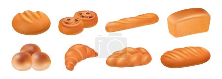 Illustration for Pastry baked products variety, isolated realistic croissant and baguette, loaf of bread and buns with dried grapes. Vector fresh baking, sweets and healthy meal for eating and dieting nutrition - Royalty Free Image