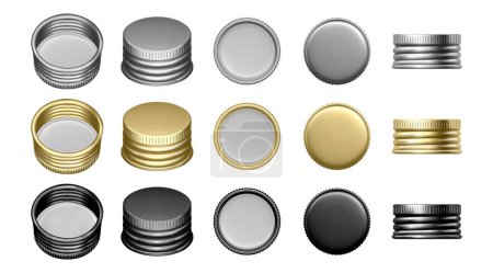 Illustration for Silver gold and black bottle cap screws for containers with liquids. Vector isolated set of jar lids, side and top, front and inside view. Piece with copy space for text, clear aluminum part - Royalty Free Image