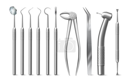 Illustration for Mouth mirror and explorers, sickle probes and torque wrench, dental bur and cotton forceps, periodontal probe. Vector isolated realistic tools for treating cavities, teeth extraction instruments - Royalty Free Image
