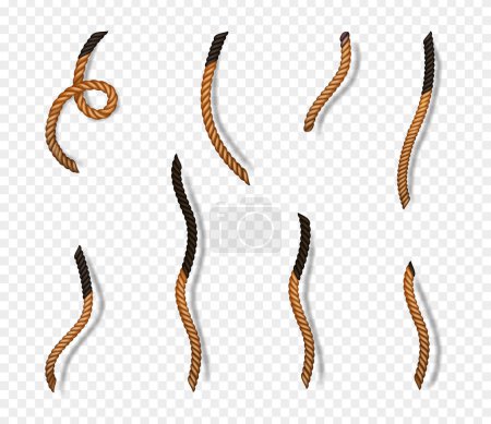 Charred fuse wick rope, isolated set of twisted thread with burnt effect. Vector realistic icons of cable from pyrotechnics, bomb or detonated dynamite. Firecracker r weapon explosive equipment