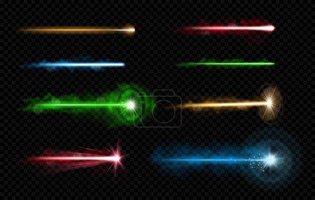 Beam with bright shiny sparkles. Vector laser shot impact. Cutting metal or surface, light effect with sparks and vapor, shining and glowing. Engraving or shooting, futuristic weapon burst