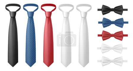 Ropa de desgaste formal para hombres, conjunto de corbata aislada. Arco y corbata vectorial realista de diferentes colores y estampado de lunares. Elegante ropa masculina para ocasiones de negocios. Accesorio para hombre de negocios