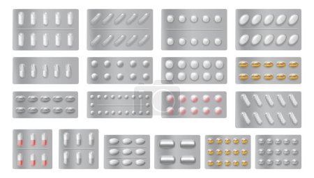 Illustration for Pills and capsules blisters, isolated different shape realistic tabs in packs. Vector drugs packaging, pharmaceutical medical care. Pharmacy products, drugstore medicine for staying healthy - Royalty Free Image