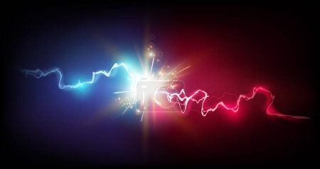 Illustration for Lightning strikes red bolt vs blue light. Vector isolated realistic thunderbolt with sparks and trail ray. Fight or battle, versus explosion or energy force. Electrical discharge and flashes - Royalty Free Image