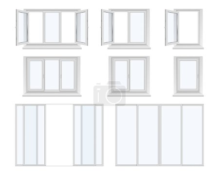 Panoramic window frames, isolated plastic panes with clear glass. Vector isolated set of realistic architecture elements and constructions. Traditional house design and interior for apartment