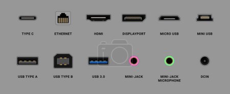 Ports in computer, realistic set of cables connectors and adapters. Vector isolated type c and mini USB, mini jack and displayport, HDMI for monitor display, microphone and dcin, ethernet