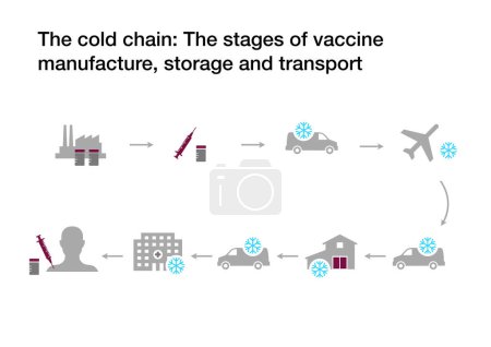 Photo for The cold chain: The stages of coronavirus vaccine manufacture, storage and transport with refrigeration - Royalty Free Image