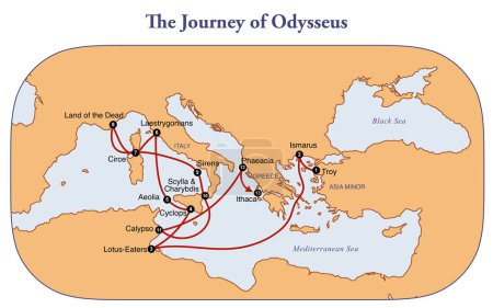 Foto de Mapa con el viaje de Odiseo - Imagen libre de derechos