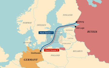 Map of Nord Stream 1 and 2 natural gas pipelines