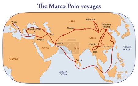 Mapa de los viajes de Marco Polo por Asia a lo largo de la Ruta de la Seda