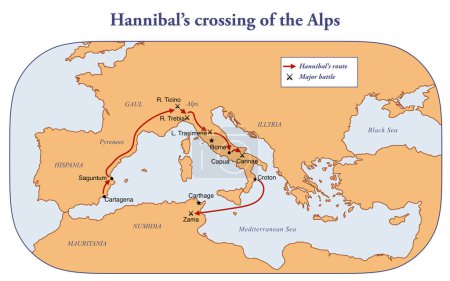 Téléchargez les photos : Carte avec l'itinéraire de la traversée Hannibal des Alpes - en image libre de droit