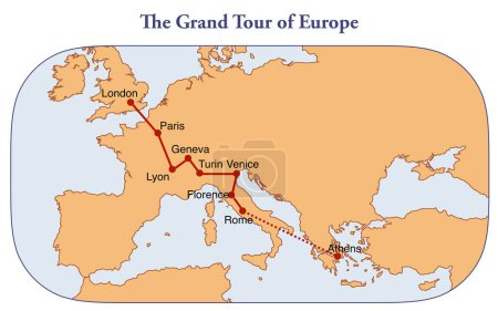 Téléchargez les photos : Carte avec l'itinéraire du grand tour classique d'Europe - en image libre de droit