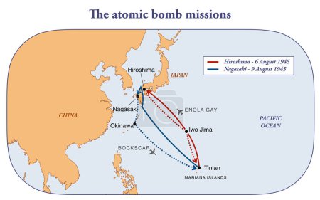 Foto de Mapa de vuelo de las misiones de bombas atómicas en Hiroshima y Nagasaki en 1945 - Imagen libre de derechos