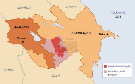 Ilustración de mapa de la región de Nagorno Karabaj entre Armenia y Azerbaiyán