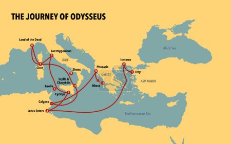 Map with the journey of Odysseus