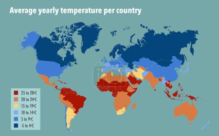 Téléchargez les photos : Carte du monde avec température annuelle moyenne par pays - en image libre de droit