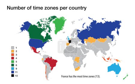 Foto de Mapa del mundo con el número de zonas horarias por país - Imagen libre de derechos