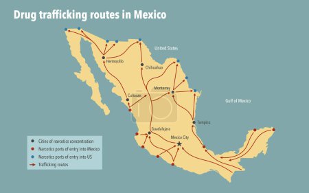 Téléchargez les photos : Carte des itinéraires de trafic de drogue utilisés par les cartels au Mexique - en image libre de droit