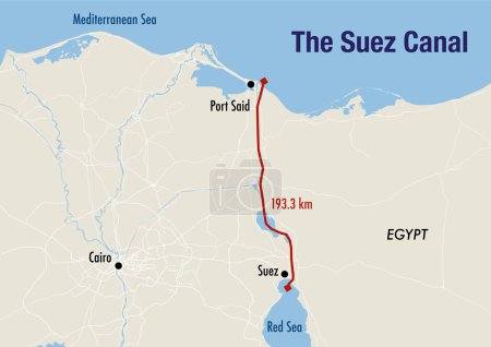 Map of the Suez canal, illustrating the route from the Mediterranean to the Red sea