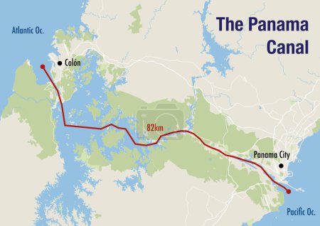 Téléchargez les photos : Carte du canal de Panama, illustrant la route du Pacifique à l'océan Atlantique - en image libre de droit