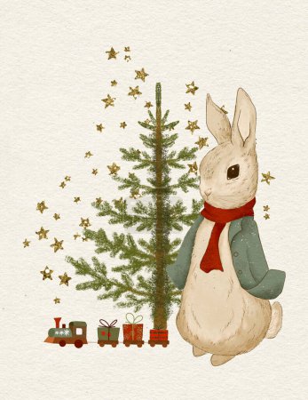 An illustration of a Christmas rabbit in the classic Christmas colors red and green Poster 616971466