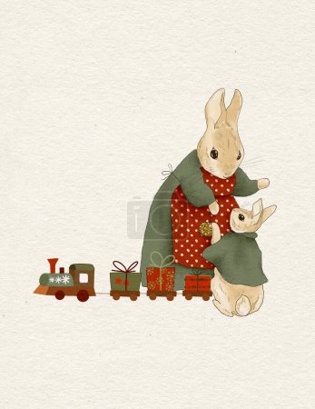 Foto de Una ilustración de un conejo de Navidad en los clásicos colores de Navidad rojo y verde - Imagen libre de derechos