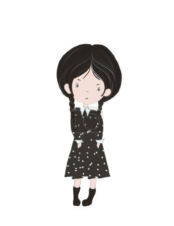 Téléchargez les photos : Mercredi, une fille dans une robe noire, un dessin élégant d'une fille aux cheveux noirs dans une robe noire - en image libre de droit