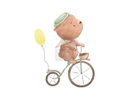 Photo for Cartoon drawing of a bear on a bicycle, illustration for the design of children's books or children's rooms or children's parties - Royalty Free Image