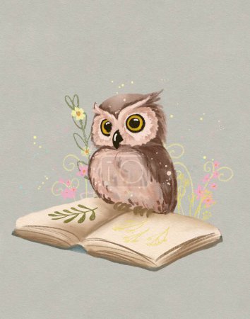 Foto de Drawing of a cute owl sitting on a book, learned owl - Imagen libre de derechos
