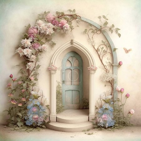 Foto de Vintage door in an arch with flowers, wall of an ancient building - Imagen libre de derechos
