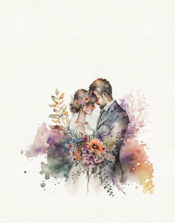 Aquarellzeichnung Braut und Bräutigam in Blumen, Hochzeitskarte oder Hochzeitseinladung, verliebtes Paar