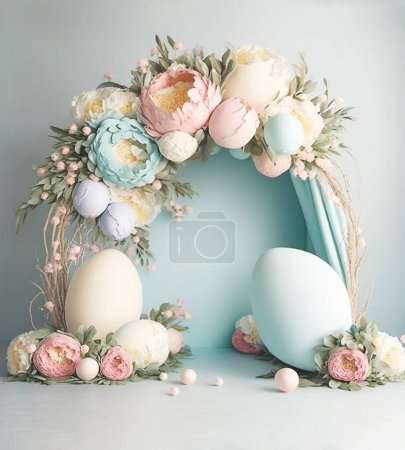 Photo for Easter decor arch with flowers and Easter eggs, wedding arch, holiday decor pastel colors - Royalty Free Image
