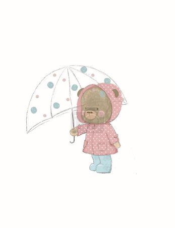 Téléchargez les photos : Hand drawn cute teddy bear under an umbrella, rainy weather - en image libre de droit