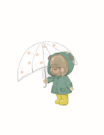Téléchargez les photos : Hand drawn cute teddy bear under an umbrella, rainy weather - en image libre de droit