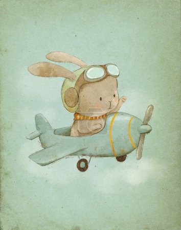 Watercolor vintage illustration of a rabbit pilot on a plane, drawing for a children's room, vintage card for children