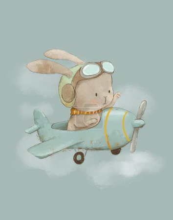 Watercolor vintage illustration of a rabbit pilot on a plane, drawing for a children's room, vintage card for children
