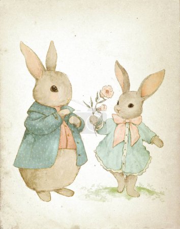 Aquarell Vintage Zeichnung von zwei niedlichen Kaninchen in einer Vintage-Atmosphäre aus Spaziergang durch den Wald, Vintage-Postkarte