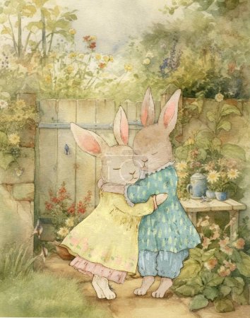 aquarelle dessin vintage de deux lapins mignons dans une atmosphère vintage sortir ensemble marcher dans les bois, carte postale vintage