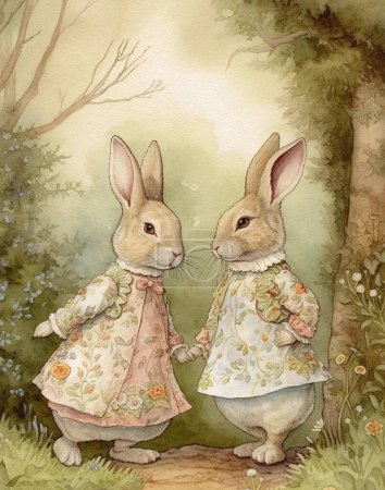 Téléchargez les photos : Aquarelle dessin vintage de deux lapins mignons dans une atmosphère vintage sortir ensemble marcher dans les bois, carte postale vintage - en image libre de droit