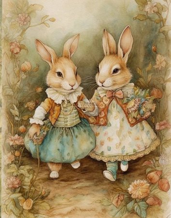 Aquarell Vintage Zeichnung von zwei niedlichen Kaninchen in einer Vintage-Atmosphäre aus Spaziergang durch den Wald, Vintage-Postkarte