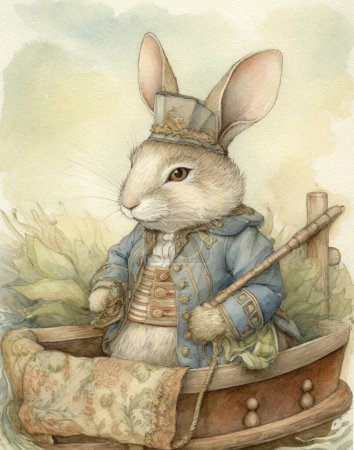 dessin aquarelle d'un marin lapin en style vintage sur un bateau en bois, capitaine lapin, carte postale vintage