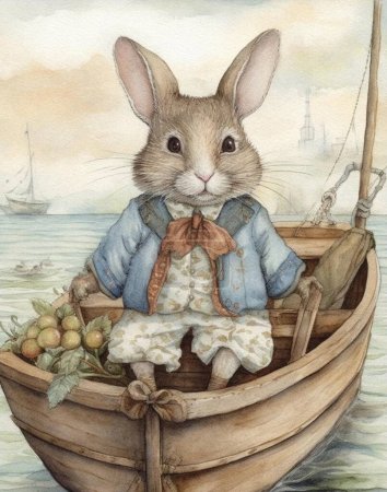 dessin aquarelle d'un marin lapin en style vintage sur un bateau en bois, capitaine lapin, carte postale vintage