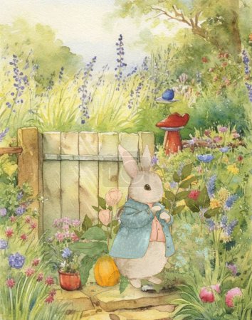 Aquarell Vintage-Zeichnung eines Kaninchens in Vintage-Kleidung beim Spazierengehen im Garten, Vintage-Postkarte