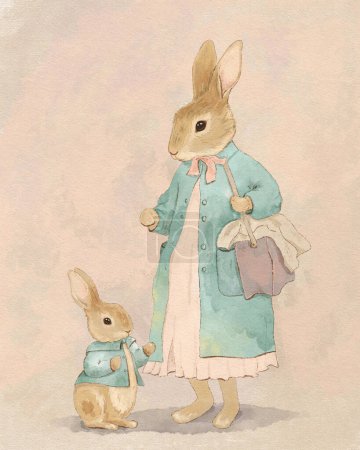 Téléchargez les photos : Dessin vintage aquarelle d'un lapin mignon, carte postale dessin animé aquarelle, animal - en image libre de droit