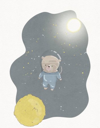 Drawing vintage cute cartoon teddy bear astronaut in space, greeting card for kids